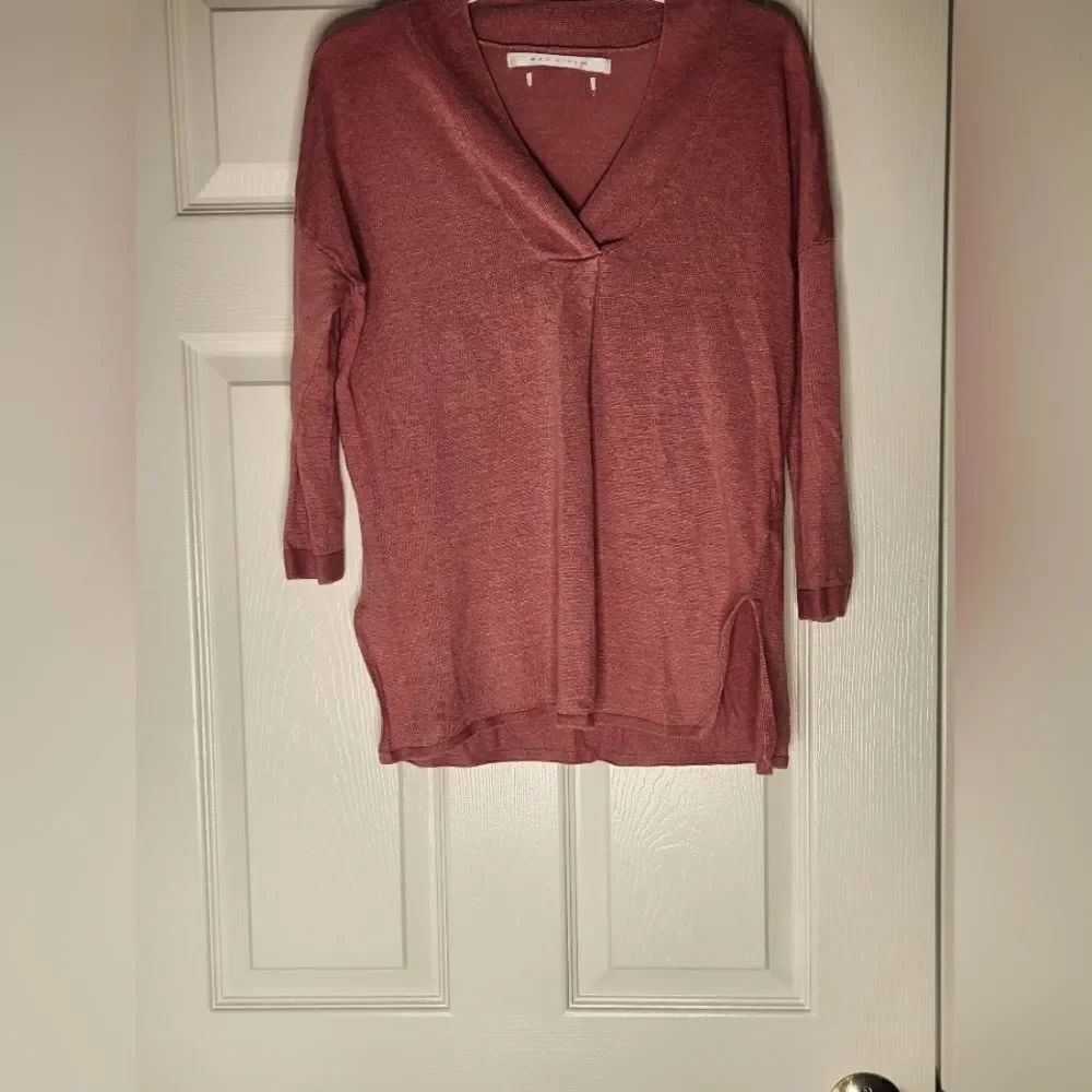 Max Studio M Coral Pink 100% LINEN 3/4 Sleeves Knit V-neck Women’s Top Sweater